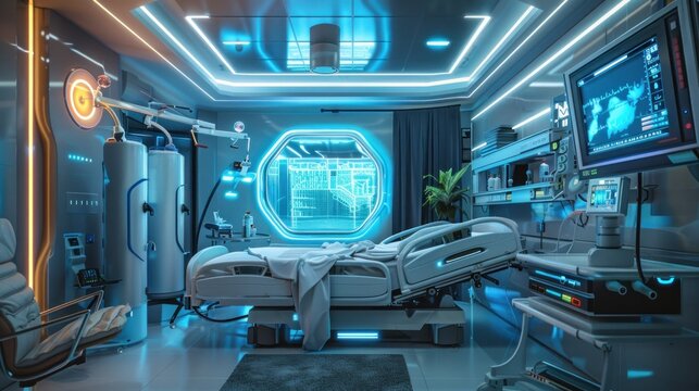 Futuristic hospital room with high tech AI technol