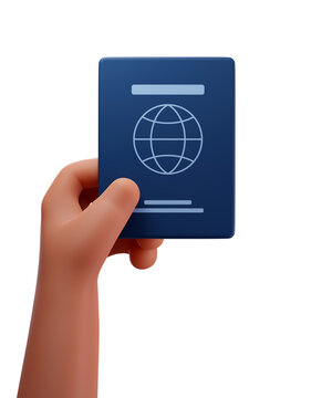 Passport service. Residence permit. International passport. 3d dark skinned hand holding legal document in blue cover isolated on white background. Immigration service. Visa center. 3d rendered