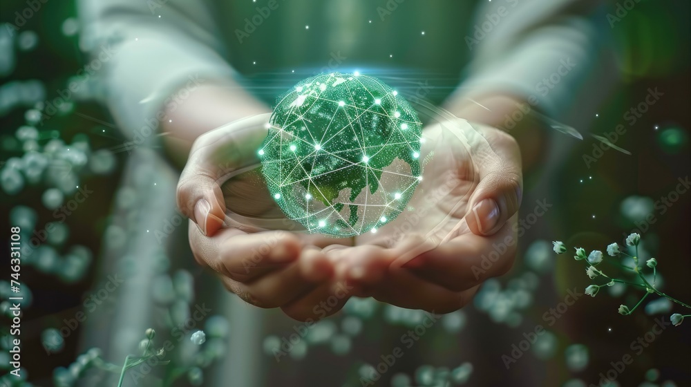 Poster environment social governance investment business concept, hands holding global communication networ