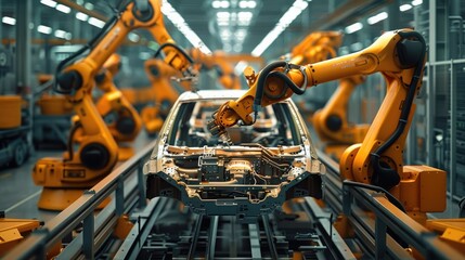 Fototapeta premium Welding Industrial Production on Conveyor at Car Factory, Automated Robot Arm Assembly Line, Manufacturing High-Tech Electric Vehicles. Generative AI.