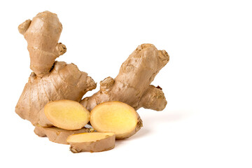 Fresh ginger and ginger slices. isolated on a white background.