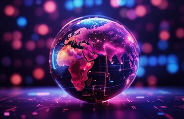 Neon globe surrounded by digital data streams and AI algorithms