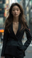 Fototapeta premium Asian business woman wearing a black suit in the city. Generative AI.
