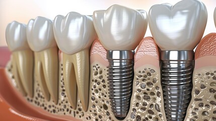 Dental implantation, teeth with implant screw, 3d illustration. Generative AI. - obrazy, fototapety, plakaty