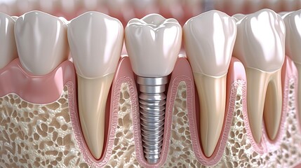 Dental implantation, teeth with implant screw, 3d illustration. Generative AI.