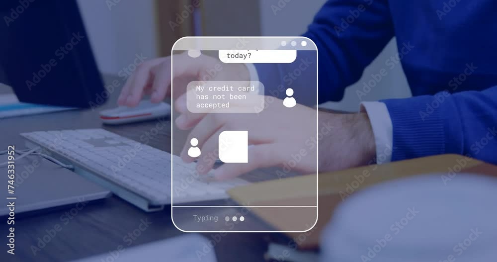 Poster animation of ai text on screen and data processing over caucasian man using computer