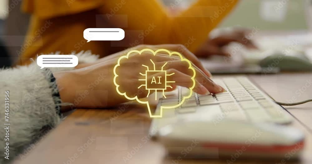 Poster animation of ai text, brain and data processing over caucasian woman using computer