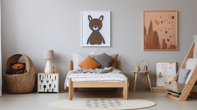 Fototapeta Mockup - obraz na ścianie. Jasna przytulna sypialnia w stylu boho. Pokój dziecka. Brązowe i białe kolory wystroju wnętrza i dodatków. Render 3d. Wizualizacja 