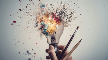 Artistic Explosion: Creativity Unleashed with Pencil, Paintbrush, and Colorful Powder on Bulb, Neutral Background