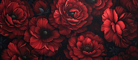 This painting showcases a mesmerizing depth of vibrant red flowers set against a solid black...