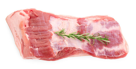 One piece of raw pork belly and rosemary isolated on white, top view