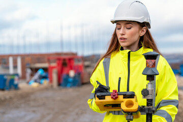 Female site engineer surveyor working with theodolite total station EDM equipment on a building...