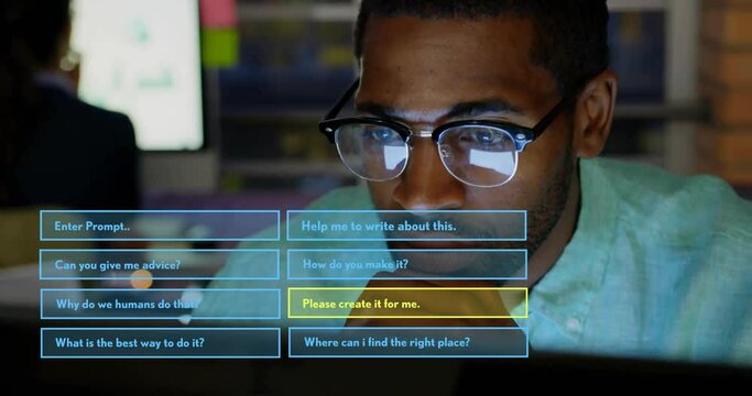 Animation of ai text, chat bot and data processing over african american man using laptop