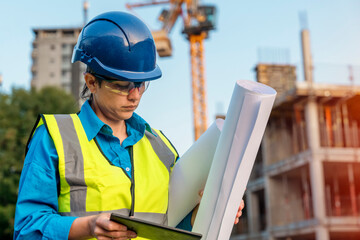 Female site engineer surveyor working with theodolite total station EDM equipment on a building construction site outdoors