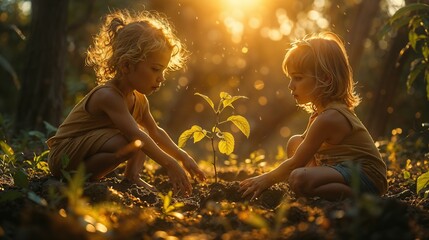 Young Siblings Planting Tree Together