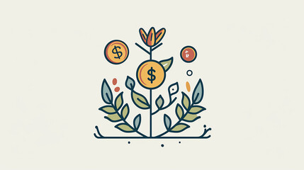 Illustrated Financial Planning: Coin and Dollar Sign Symbolizing Wealth Building and Growth