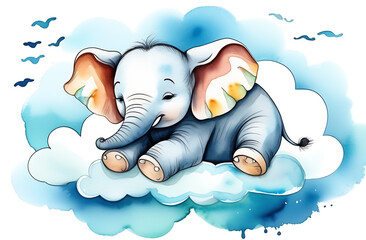 Cute baby elephant sleep on the cloud watercolor illustration. Use for Happy birthday invitation...