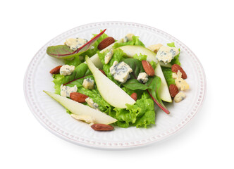 Plate with delicious pear salad isolated on white
