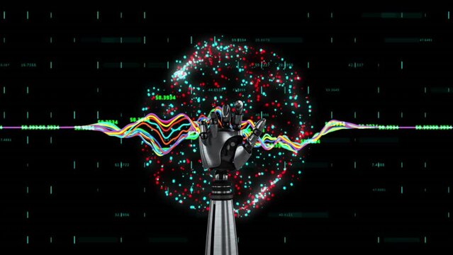 Animation of robot's arm globe with connections and data processing over black background