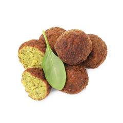 Delicious falafel balls and basil isolated on white, top view