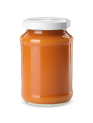 Delicious persimmon jam in jar isolated on white