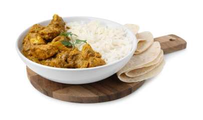 Delicious chicken curry with rice and tortillas isolated on white