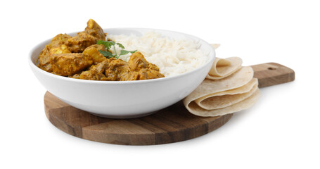 Delicious chicken curry with rice and tortillas isolated on white