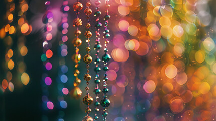 Blurred Bokeh Bliss: Colorful Mardi Gras Beads in Celebration, generative AI - obrazy, fototapety, plakaty