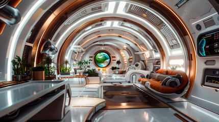 Interstellar colony ship interior with cryogenic chambers, hydroponic farms