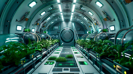 Interstellar colony ship interior with cryogenic chambers, hydroponic farms