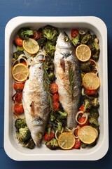 Delicious fish with vegetables and lemon in baking dish on blue wooden table, top view