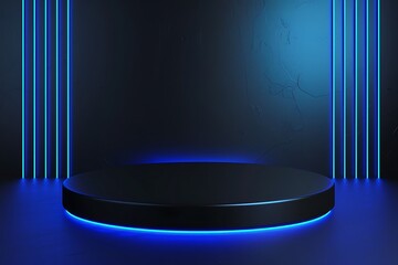 Close up empty black podium of product display in dark scene with line vertical blue neon light on background. Generative Ai