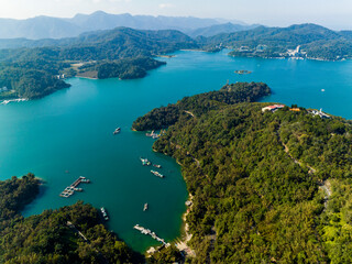 Obraz premium Aerial photography of the Sun Moon Lake National Scenic Area, Yuchi Township, Nantou County, Taiwan