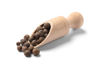Dry allspice berries (Jamaica pepper) in scoop isolated on white