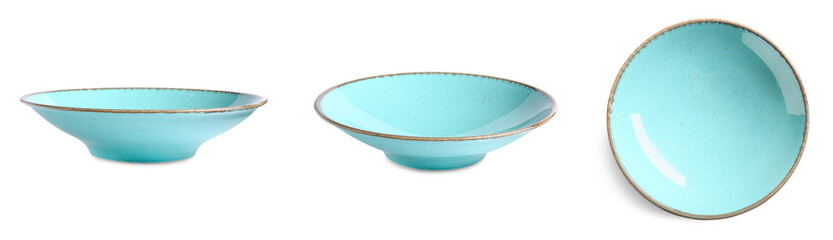Turquoise ceramic plate isolated on white, set with different views