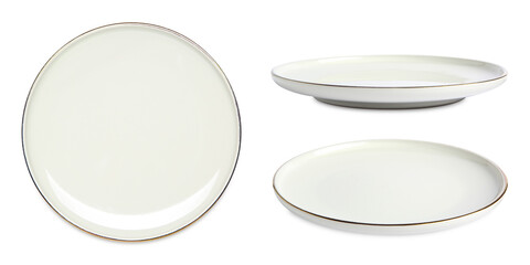 Empty ceramic plate isolated on white, set with different views