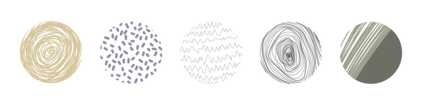 Set of round Abstract Patterns. Hand drawn doodle shapes. Spots, Curves, Lines. Vector illustration. Social media Icons templates
