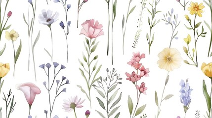 Cute feminine watercolor seamless pattern with wildflowers. Generative AI