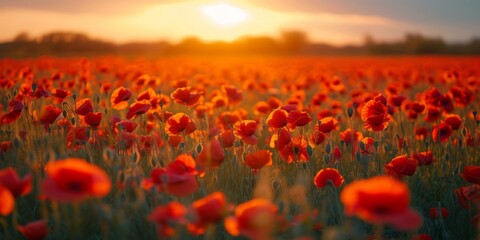 Fototapeta na wymiar Sunset embrace on poppy field. A field of vivid red poppies, golden glow
