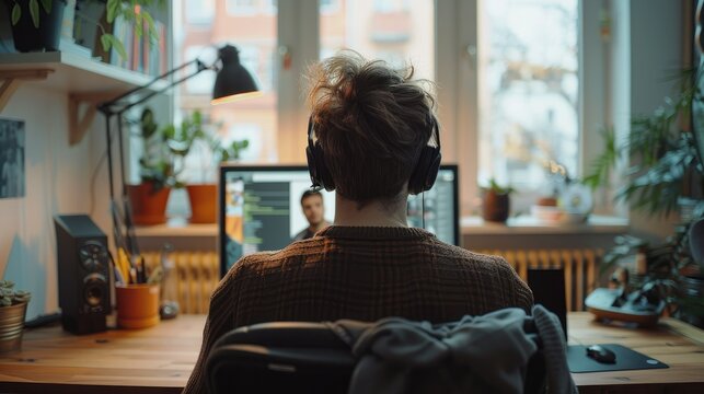 Young sales rep at his computer having a zoom call with a client. Generative AI.