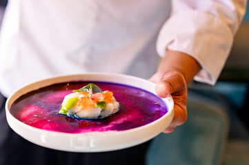 chef hold Scallop crudo on a plate with sauce