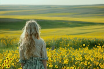 Fototapeta premium Yellow-Green Fields Landscape with a Young Girl Enjoying Nature, Copy Space for Text
