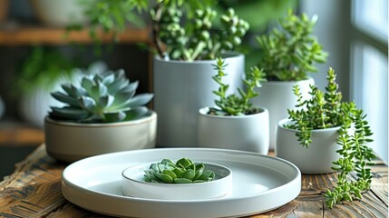 Empty white round tray in the foreground, with a small number of potted succulents as the background. Generative AI.