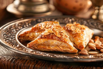 B'stilla or Bastilla, a Savory Moroccan Chicken Pie, Pastilla Pigeon Pie Topped with Almonds and Powdered Sugar