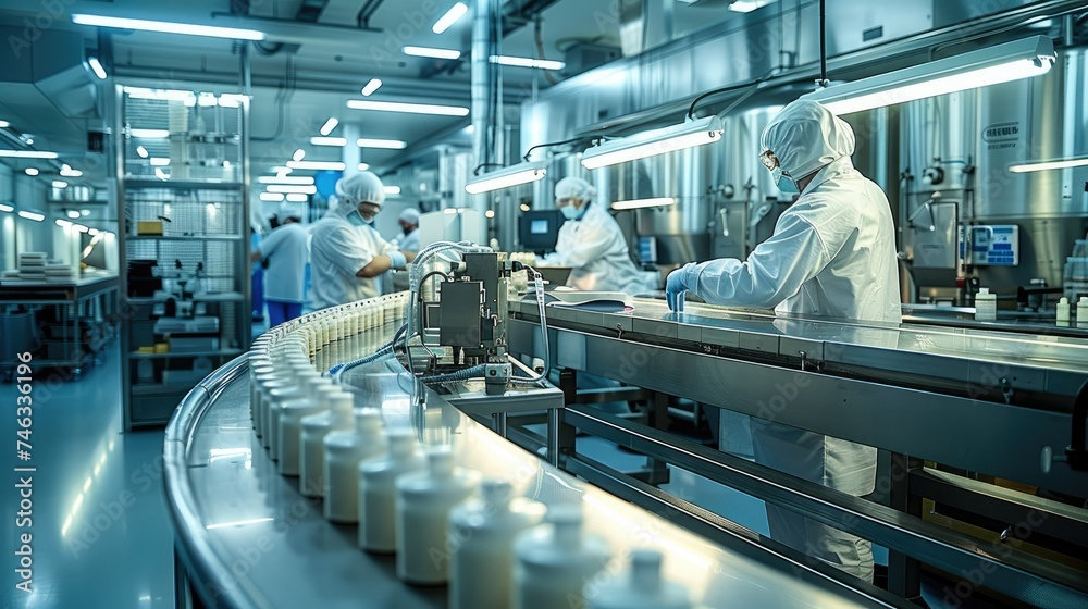 Poster an manufacturing plant with scientists working inside at the production and packaging assembly unit 
