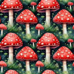 Watercolor Red Mushroom Seamless Pattern, Aquarelle Fly Agaric, Watercolor Wild Fungi Tile