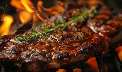  Grilled steak on barbecue grill. Closeup view. Outside BBQ party. © Artlana