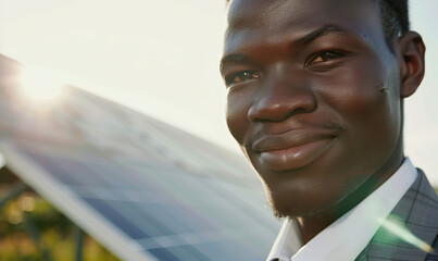 Portrait of young black African businessman and sustainable business entrepreneur staring at the camera with solar farm and solar panels in background. Isolated shot with bokeh, sunny, bright, outside - obrazy, fototapety, plakaty