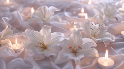 A bouquet of exquisite white lilies, their petals unfolding in delicate layers, rests upon a bed of satin, exuding an aura of purity and elegance.