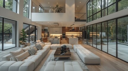 Beautiful open concept living room in new luxury home with floating staircase and view of kitchen with large island and stainless steel appliances. Generative AI.